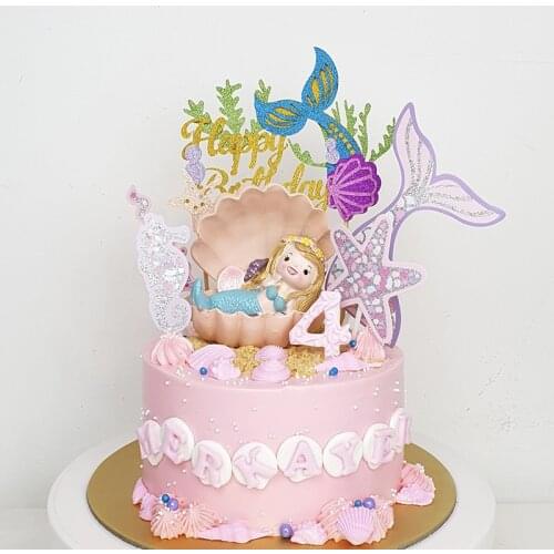 1pc Mermaid Party Happy Birthday Glitter Cake Topper Cupcake Toppers Girl Baby Shower Little Mermaid Theme Birthday Party Decor