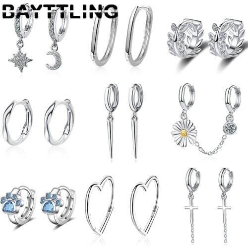 BAYTTLING Hot Sale 925 Sterling Silver Fashion CZ Zircon Star Moon Cross Heart Pendant Hoop Earrings For Women Best Jewelry Gift