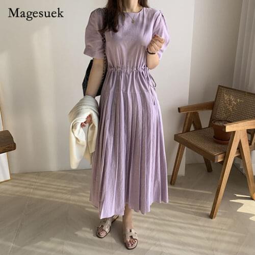 2021 Chic Korea Summer Women Dress Cotton Bubble Short Sleeve Pleated Dress Women Elegant Party Long Elastic Wait Vestidos 13955