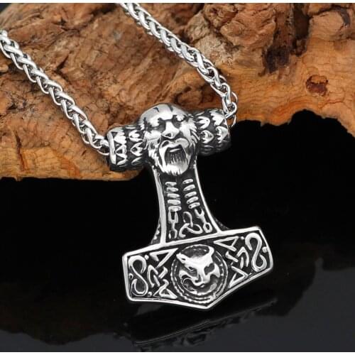 Nordic Viking Mjolnir Stainless Steel Thor Hammer Fox Amulet Necklace For Men With Valknut Gift Bag