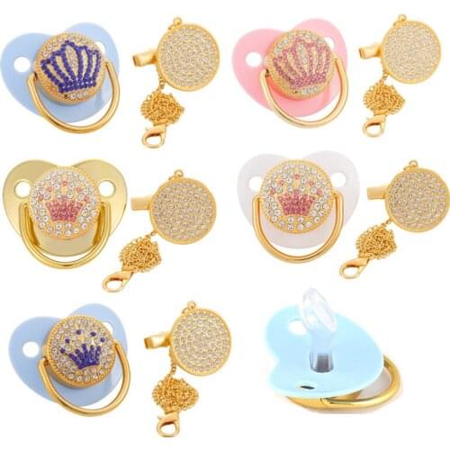 BPA Free Crystal Crown Rhinestones Baby Pacifiers Luxury Pacifier Clip Chain Nipple Holder Soother for Newborn Baby Shower Gifts