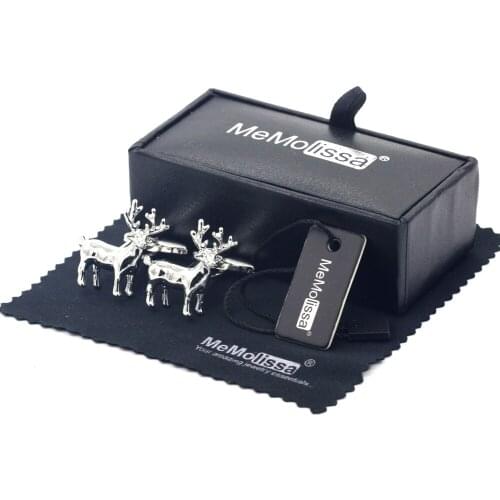MeMolissa Display Box Cufflinks Classic Men Animal Cuff Links 3D Deer Design Silver Mens Shirts Cufflinks Free Tag & Wipe Cloth