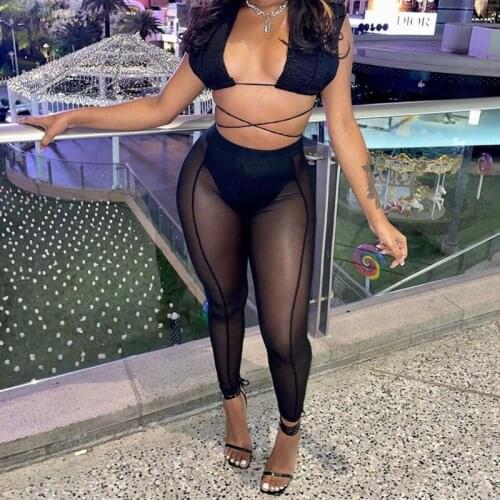 Women See Through High Waist Trousers Club Wear Long Mesh Sheer Pants Hot Summer Perspective Pencil Trousers Bottoms