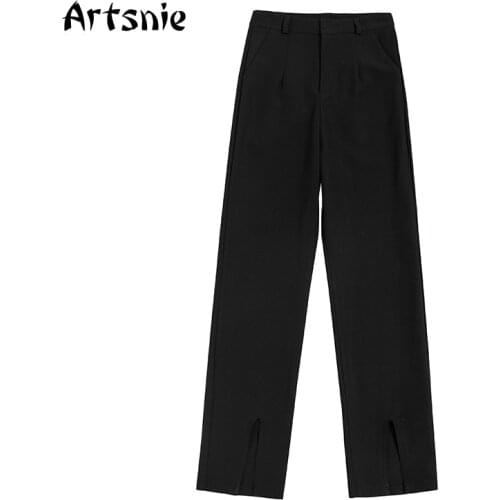 Artsnie Summer 2021 High Waist Straight Blazer Pants Women Black Casual Split Trousers Streetwear Ladies Blazer Pants Femme