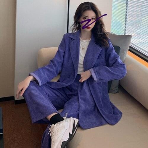 Hi Girl Women Boho Blazer Suit Spring Blue Corduroy Blazer + long wide leg pant 2pcs set Chic Casual Outfit Female