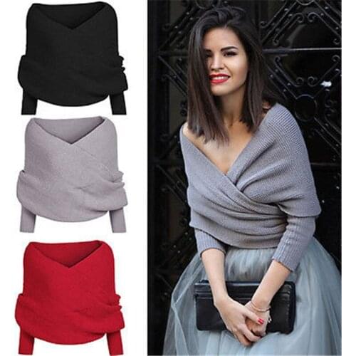 Women Sweater Autumn Winter Warm Sexy V-neck Wrap Chunky Knitted Sweaters Off Shoulder Long Sleeve Female Loose Oversize Scarf