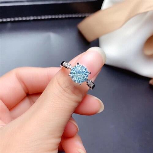 Female Cute Aqua Blue Crystal Zircon Engagement Ring Classic 4 Prong Round Stone Ring Charm Silver Color Wedding Rings For Women