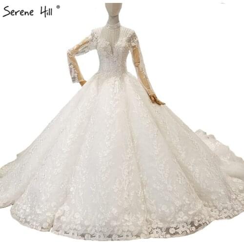 Newest Design Beading Flowers Sexy Wedding Dresses White Long Sleeve Big Train High-end Bride Gowns 2020 Real Photo