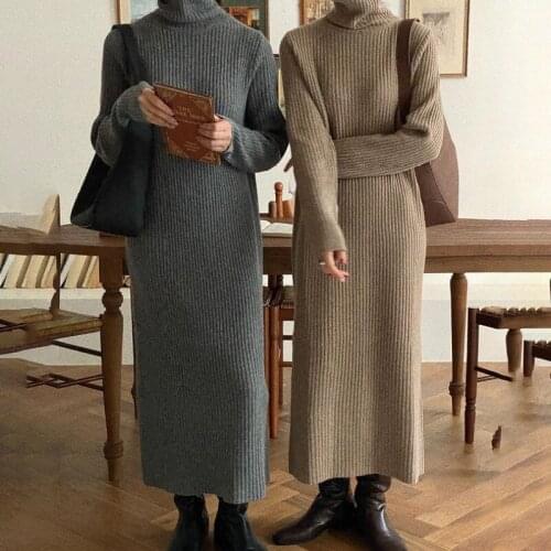 2021 Women Autumn Winter Turtle neck Knitted Long Sweater Dress Loose Basics Pullovers Jumper-Dresses