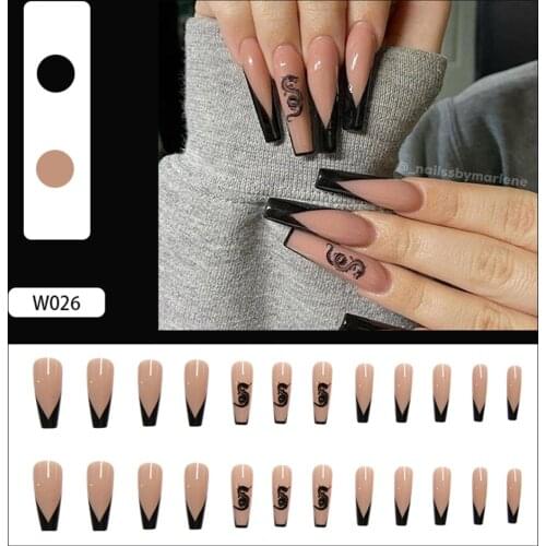 24Pcs Black Dragon Long Coffin False Nails Ballerina French Fake Nails With Glue Full Cover Detachable Nail Tips Press On Nails
