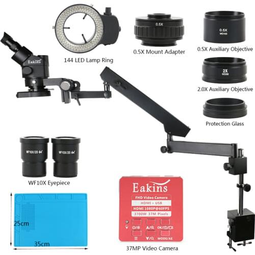 3.5X - 90X Articulating Arm Pillar Clamp Simul Focal Zoom Trinocular Stereo Microscope Industrial + HDMI 1080P 37MP Video Camera