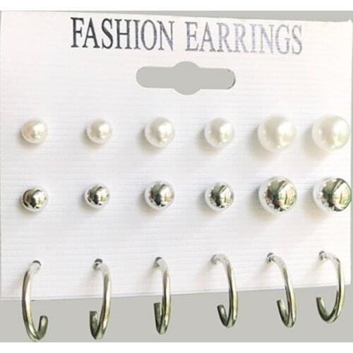 9 pairs/set Women round Crystal pearl Stud Earrings for female Piercing Simulated Pearl simple Fashion Earrings