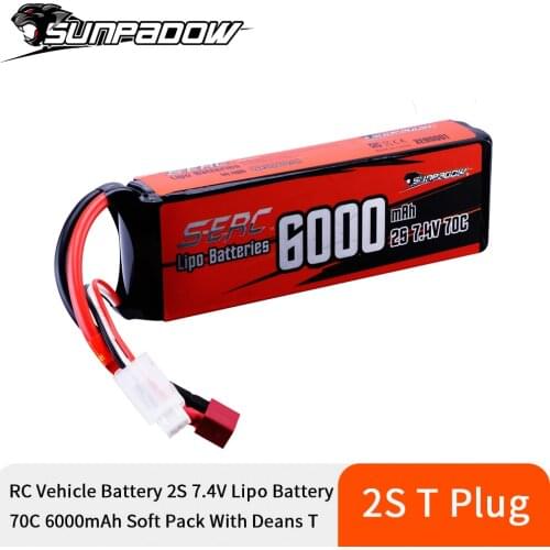 SUNPADOW 2S Lipo Battery 7.4V 6000mAh 70C Soft Pack with Deans T Plug for RC Car Boat Airplane Truck Tank Vehicle Truggy Buggy