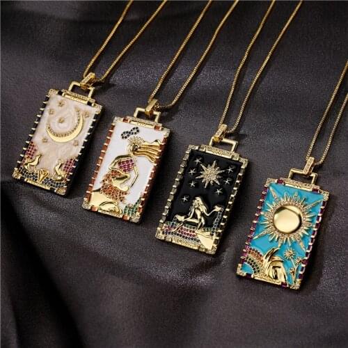 ALLNEWME Personality Oil Painting Enamel Square Coin Pendant Necklace for Women Ladies Shinning Zirconia Necklace Accessories