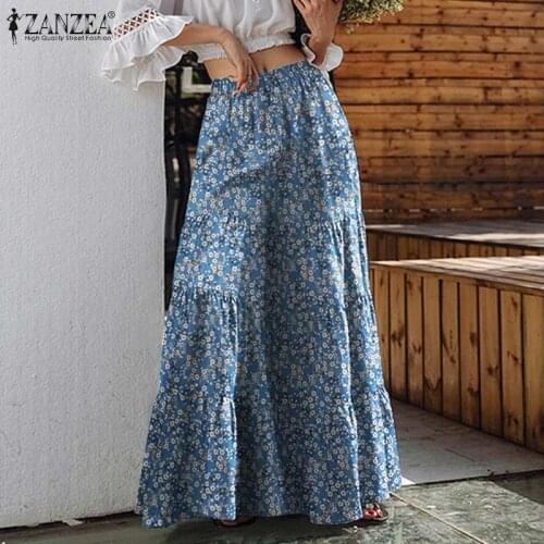 Bohemian Wide Leg Pants Womens Printed Trousers ZANZEA 2021 Elastic Waist Ruffle Flare Pantalon Female Floral Turnip Plus Size