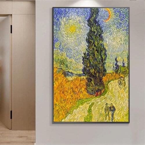 Road with Cypress and Star By Van Gogh Famous Painting Canvas Posters and Prints Wall Art Decorative Pictures for Living Room