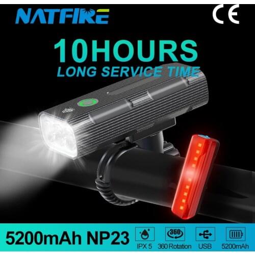NATFIRE 10Hours Bike Light LED Long Lasting Time 5200mAh USB Rechargeable Front and Rear Bicycle Light for MTB Road Headlight