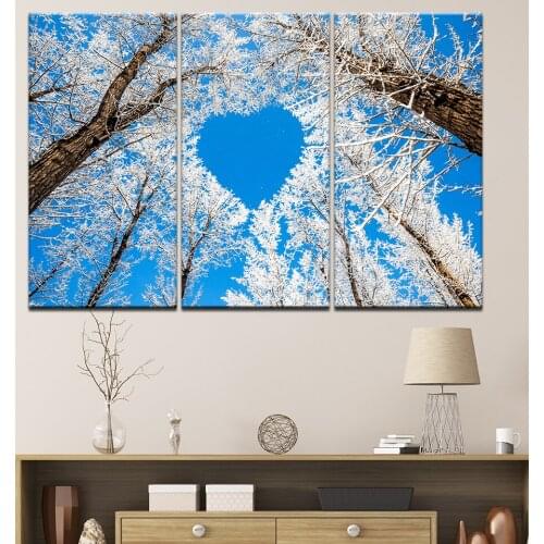Art Picture Frame Living Room HD Printed Painting 3 Panel Love Heart Shaped Branches Snow Tree Home Decor Poster Modern Wall