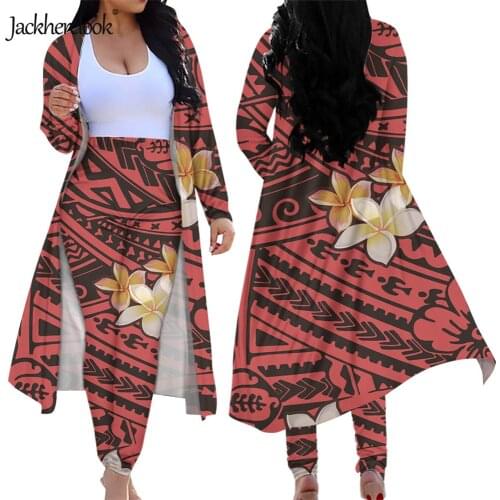 Jackherelook Red Polynesian Tribal Hibiscus Plumeria Print Autumn Spring 2 Piece Outfits for Womens Long Tops Pants Clubwear Set