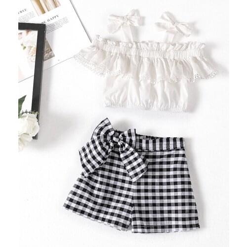Baby Girls Clothes Suit Brand NEW Summer Toddler Girl Clothes white Vest T-shirt Tops+Shorts plaid Pants 2Pcs Set 2-6Y