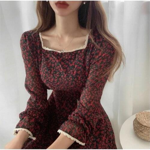 Sweet Little Flower Print a Line Dress Long Square Neck White Lace Hem Flare Sleeve Princess Dress Robe Longue Vestido Largo