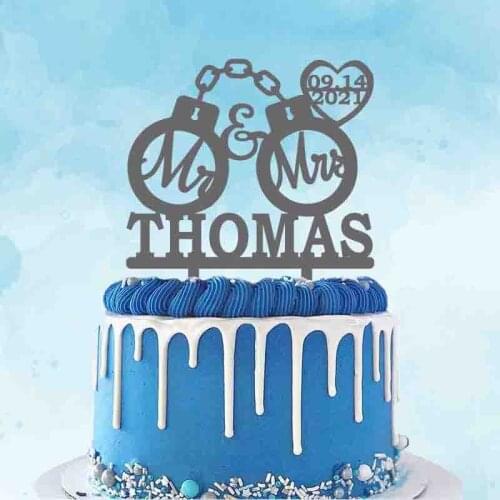 Custom Mr Mrs Name Wedding Date Funny Handcuffs Wedding Cake Topper