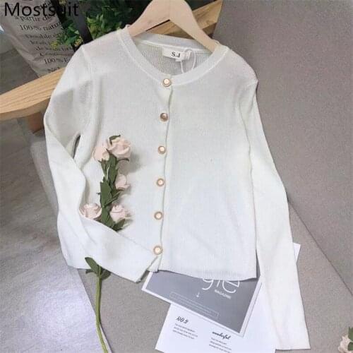 Single Breasted O-neck Knitted Cardigan Sweater Women Full Sleeve Korean Vintage Solid Sunscreen Tops Jumpers Femme 2021