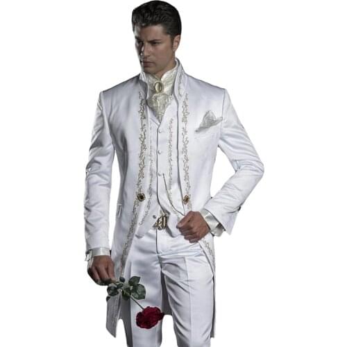 Autumn Luxury Embroidery Groom Tuxedos Mens Suits White One Button Formal Wedding Set Three Pieces Suit(Jacket+Pants+Vest)