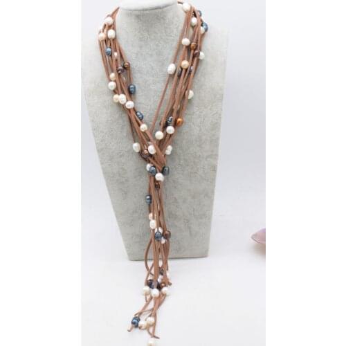Freshwater pearl white/black/brown egg round and brown leather necklace 63inch FPPJ wholesale beads nature