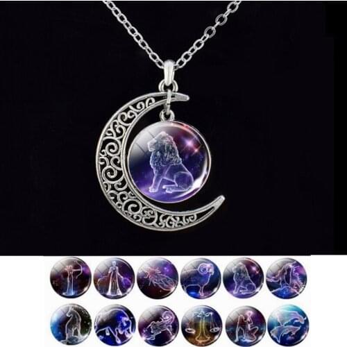 Constellation Necklace Zodiac Signs Glass Cabochon Crescent Moon Necklace Constellation Zodiac Jewelry for Women Birthday Gift