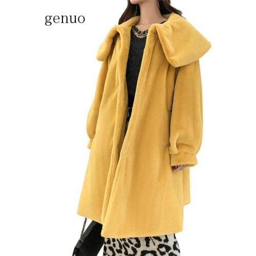 New Luxury Big Fur Collar Long Vintage Faux Fur Coat Yellow Furry Warm Fake Fur Jacket Women Winter Loose Overcoat
