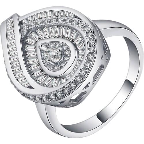 Retro Micro Pave White Zircon Water Drop Design Rings Women Silver Color Elegant Round Finger Rings Female Bijoux Anel Feminino