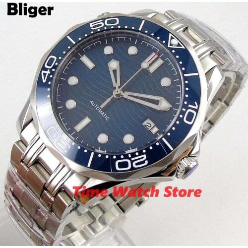 41mm Bliger MIYOTA8215 Luxury mechanical wristwatch mens Blue sterile dial bracelet sapphire glass Ceramic Bezel insert
