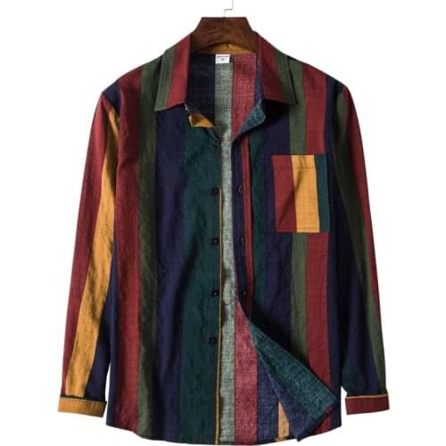 Mens Colorful Striped Long Sleeve Shirt Casual Contrast Striped Cotton Linen Shirts 2021 Fashion Designer Button Up Shirt