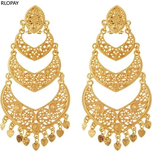 Algeria Bridal Earrings with Heart Shape Tassels Luxury Gold Earrings Hook Dangling Earrings Golden Long Earrings