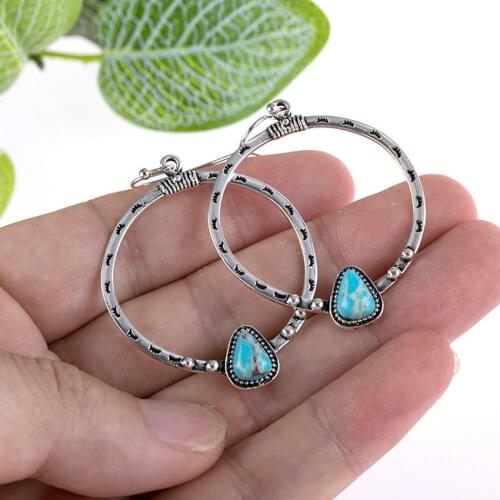 Vintage Silver Engrave Eyelash Circle Turquoise Stone Drop Earrings for Women Simple Fashion Jewelry Wholesale