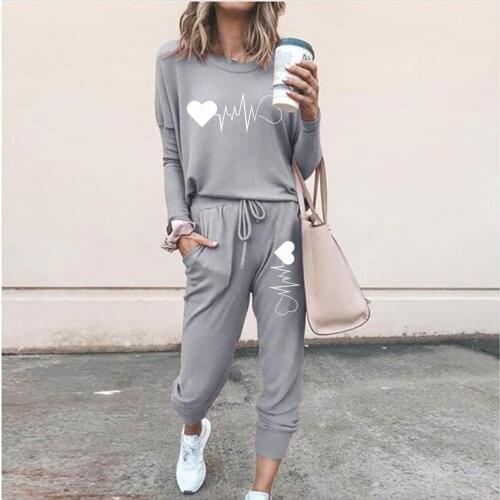 Two Piece Sets Women Print Long Sleeve and Solid Color Pants Autumn Suit Female Solid Color Casual Length Trousers Outfits 2021