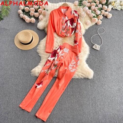 ALPHALMODA Autumn New Floral Shirt Trousers 2pc Suit 2021 Floral Printing Long-sleeved Fashion Shirt High Waist Pants 2pcs Set