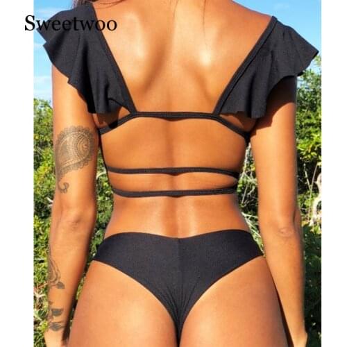 Push Up Women Swimsuit Swimwear Sexy High Waist Bikini Set V Neck Ruffle Striped Print Off Halter Bikini Bandage Bathing Suit
