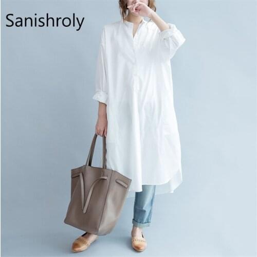 Sanishroly 2018 Spring Women White Shirt Dress Casual Loose Long Dresses Female Split Long Sleeve Vestidos Robes Plus Size SE074