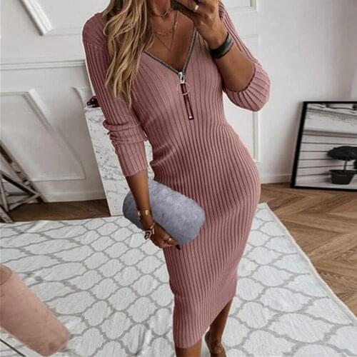 Elegant Long sleeve v-neck midi dress women Ribbed Knit Bodycon Thick Zip Autumn Winter dress female Slim Sexy basic dress 2020