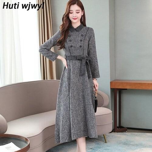2021 Winter Knitted Thicken Warm Vintage Solid Midi Dress Autumn Plus Size Gray Bodycon Maxi Dress Elegant Women Party Vestidos