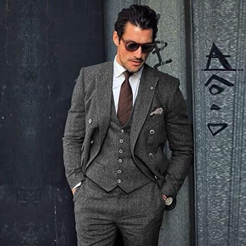 Winter Tweed Wool Mens Suits For Wedding Smoking Business Blazer GroomWear Tuxedos 3 Pieces Set Slim Fit Costume Homme Mariage