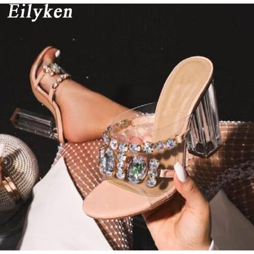 Eilyken New Design Color Diamonds Transparent PVC Crystal Square Heel Slippers Jelly Sandal Fashion Open Toe Women Wedding Shoe