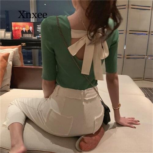 Elegant Bow Korea Lady Backless Bow Femme Elegant Black KnitwearAutumn Women Pullover White Tops Half Sleeve Casual Tops