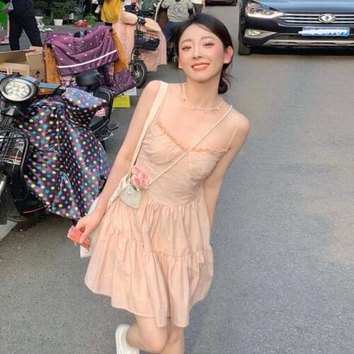 Summer New Fashion Pink Suspender Dress Sexy Lace V Neck Strap Mini Dress Temperament Girls Sleeveless Holiday Beach Party Dress