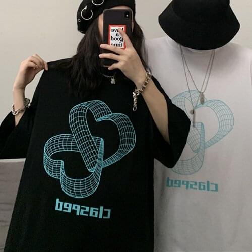 Summer round neck three-dimensional connected love printing cute short-sleeved T-shirt top loose and thin T-shirt Harajuku style