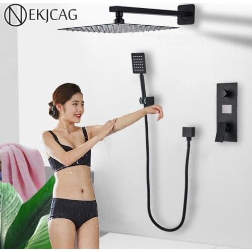 Matte Black Brass Bathroom Shower Set Wall Mounted with Tub Spout Cold Hot Water Mixer Taps with Temperature Display