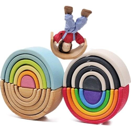 Mini 6 Pieces Macaron Handmade Rainbow Stacker Nesting Puzzle Toys Tunnel Stacking Game Montessori Toys Baby Wooden Toddler Toy