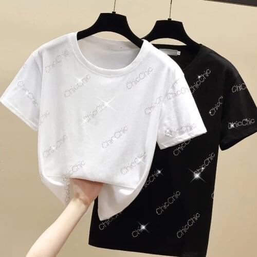 New 2021 White T shirt Women Clothes Diamond Cotton Korean Casual Female T-Shirt Summer Tops Black Short Sleeve Tee Shirt
